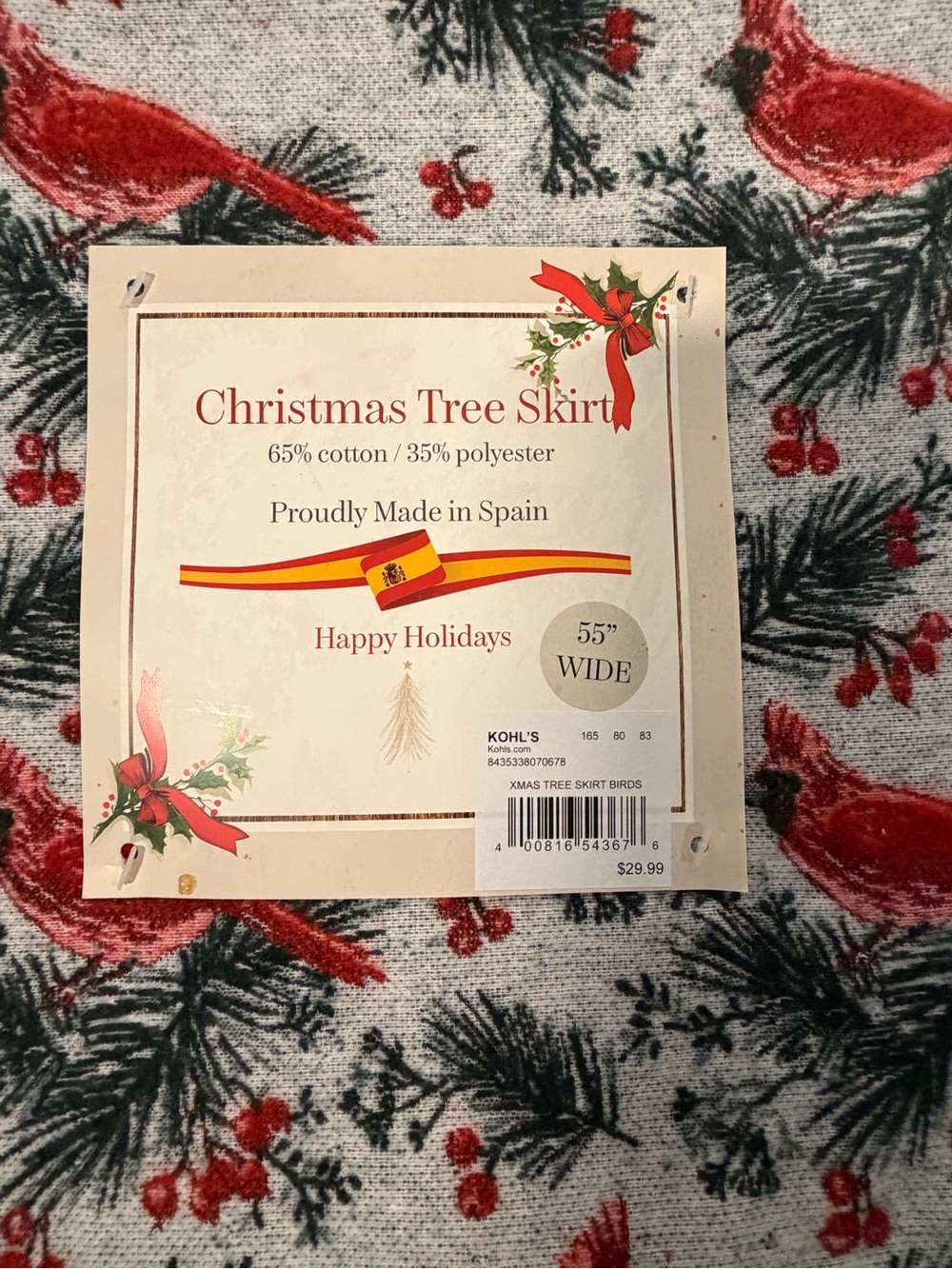 Kohl's Red Cardinal & Gray Pine Holiday Tree Skirt